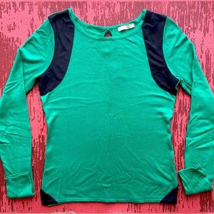 Orsay Green Thin Knit Long Sleeve Slim Fit Top With Black Velvet Accents